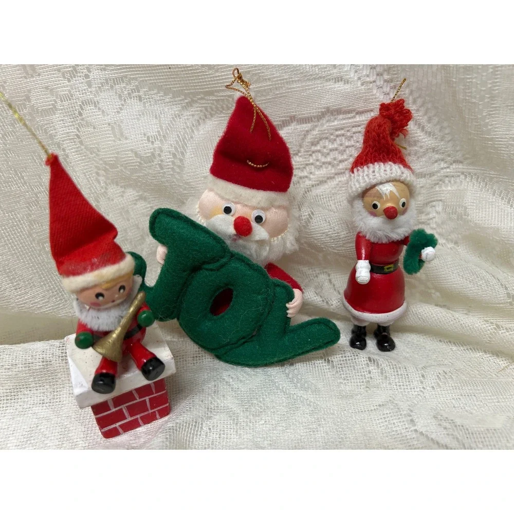 Vintage Christmas Ornaments Lot, Santa, Elf, Joy Decor Holiday Decoration 1980's